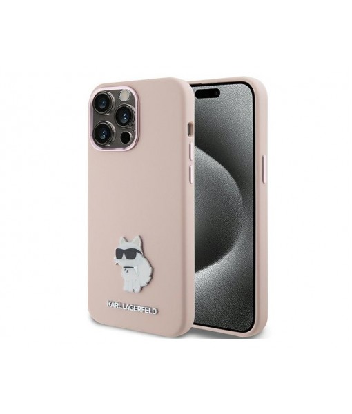 Husa iPhone 15 Pro, Karl Lagerfgeld Originala, Silicon Choupette Metal, Roz